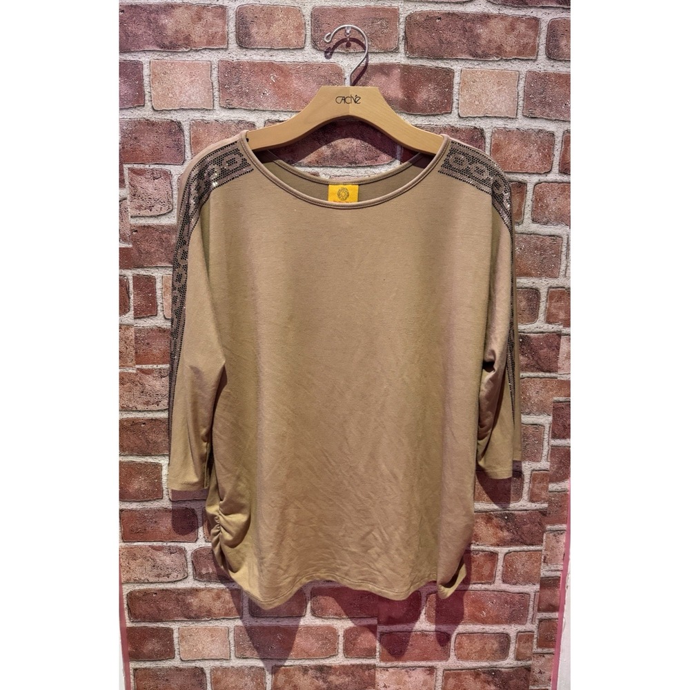 Ruby Rd Shirt Women Petite PL Beige Loose Fit Casual Short Slv W/Sequin Detail